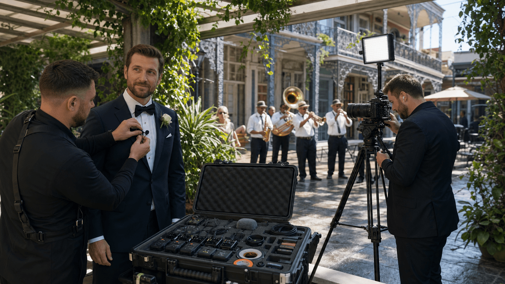 Illustrated timeline with camera, microphone, and stage lights over a New Orleans street in warm sunset tones.