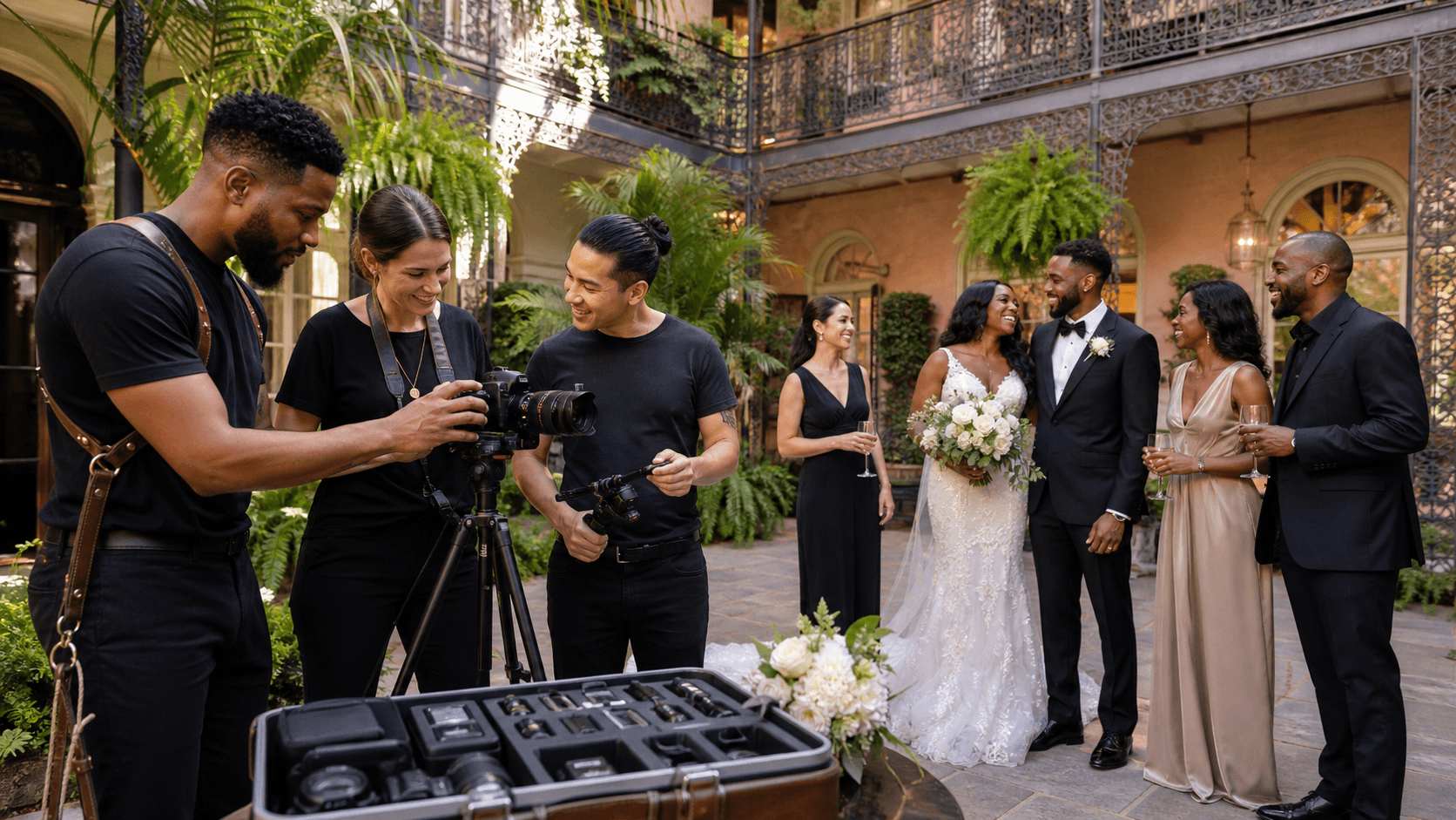 Split collage of New Orleans venues with warm sunset tones, wedding tables, and a camera icon.