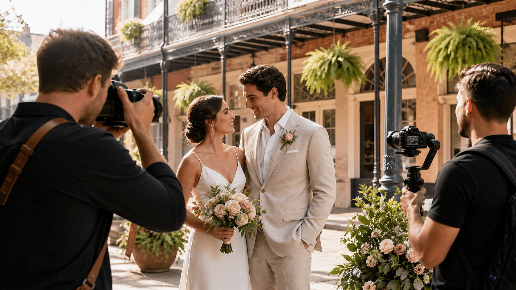 Romantic New Orleans courtyard wedding with a couple, lush greenery, and warm golden evening light.