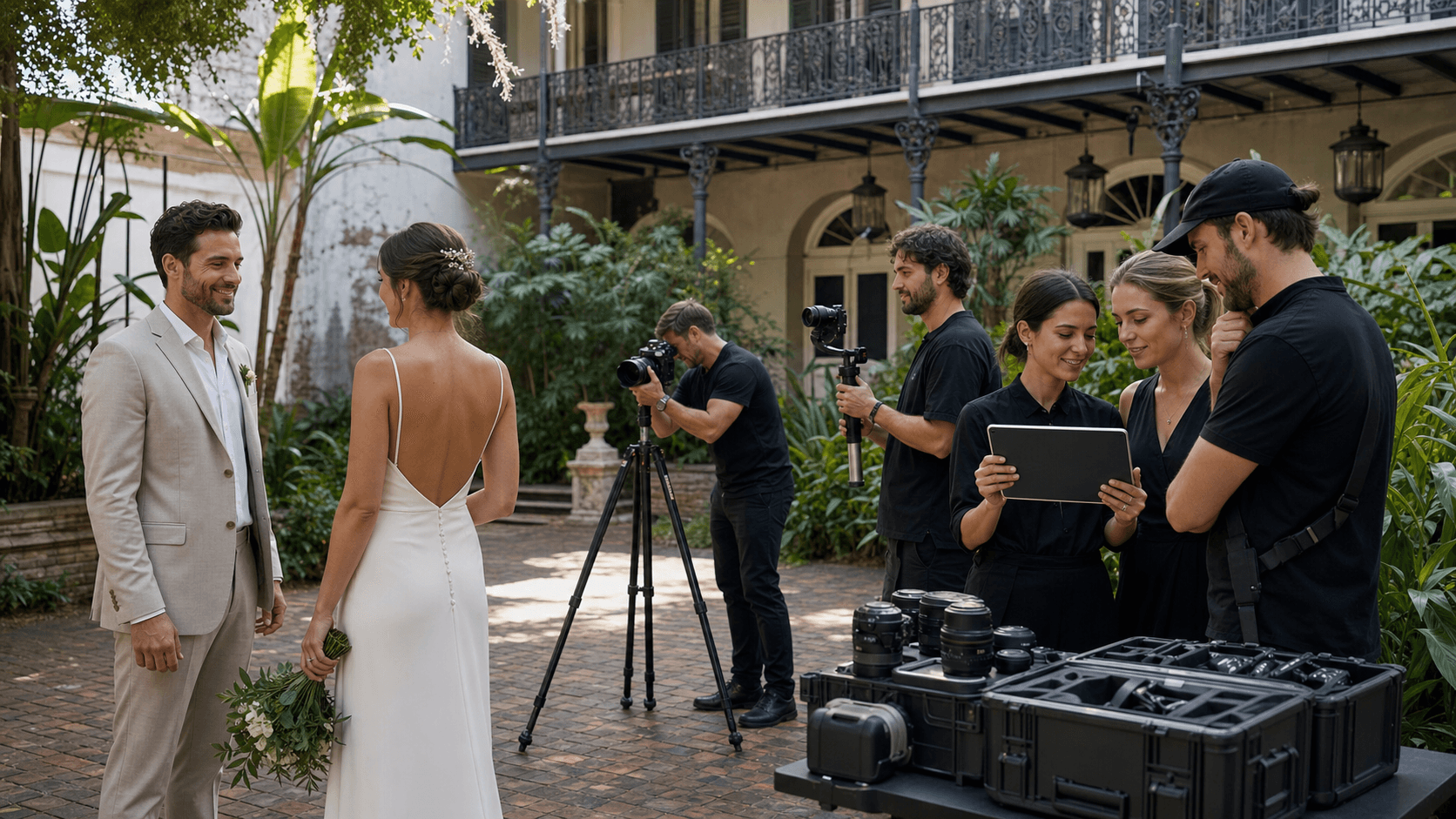 Warm-toned street scene with a couple in wedding attire under wrought-iron balconies, soft evening light and greenery.