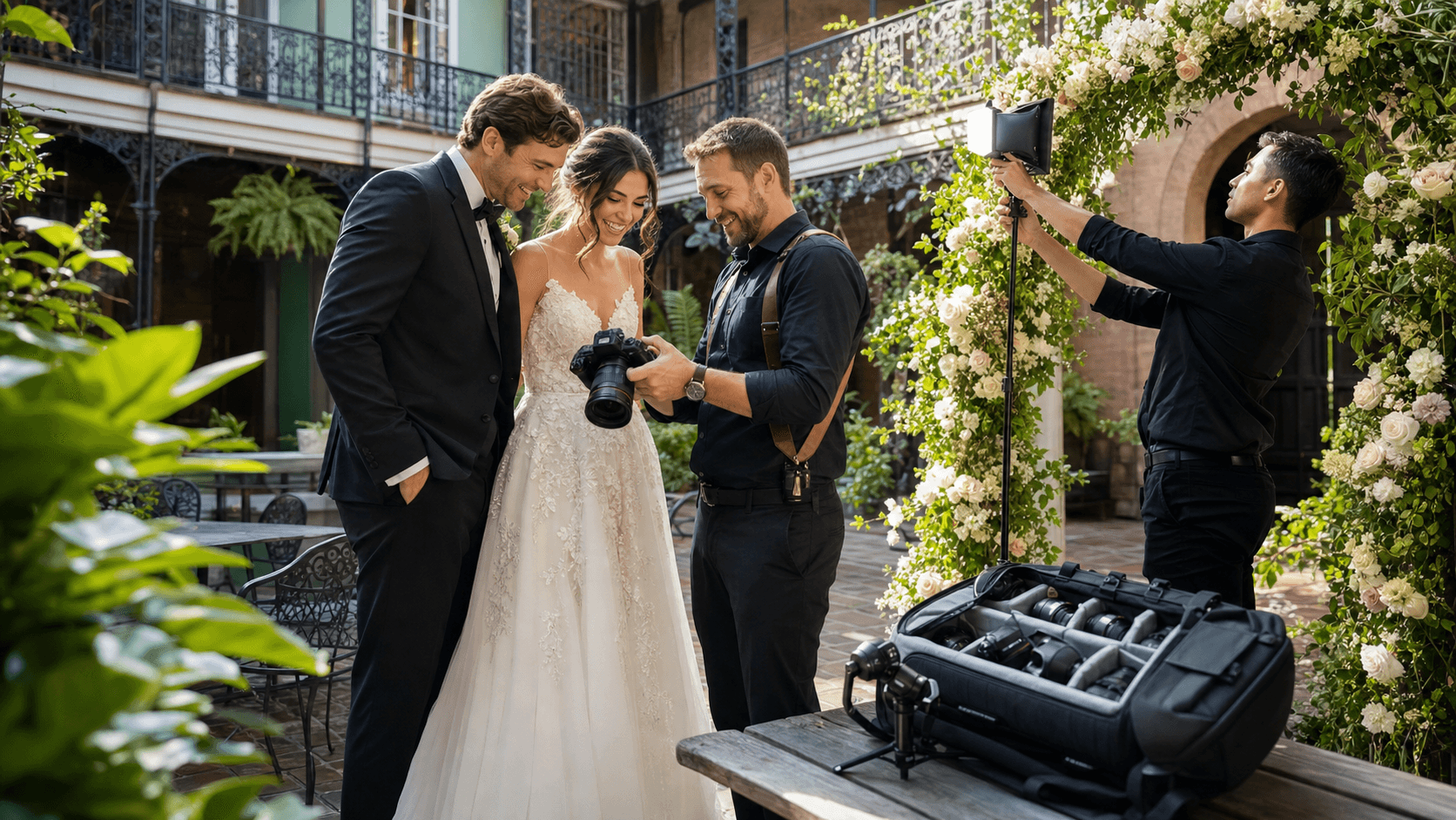 Bride and groom dancing under warm string lights, photographer capturing the moment amid soft bokeh in a courtyard