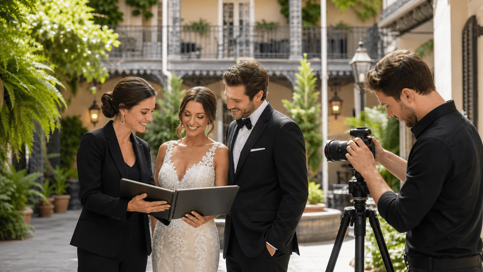 Vintage camera and wedding rings on a lace-covered table, lit by warm New Orleans courtyard light.