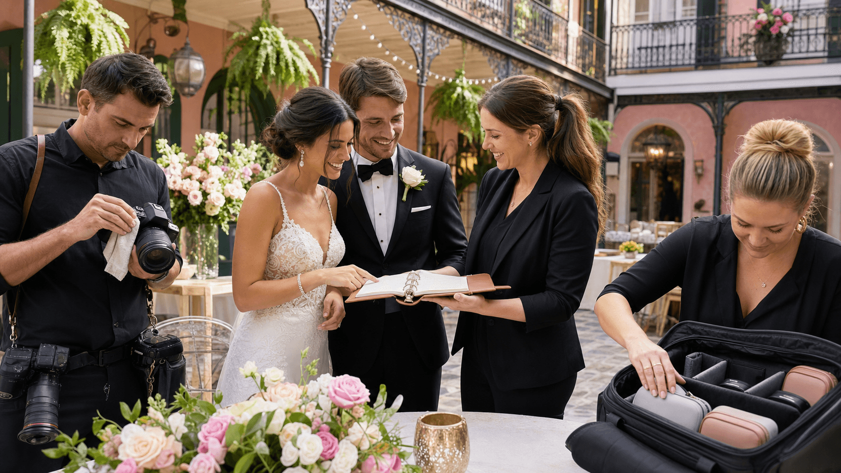 Bride and groom in New Orleans streetlight glow, holding a budget sheet and camera, with a jazz band behind them