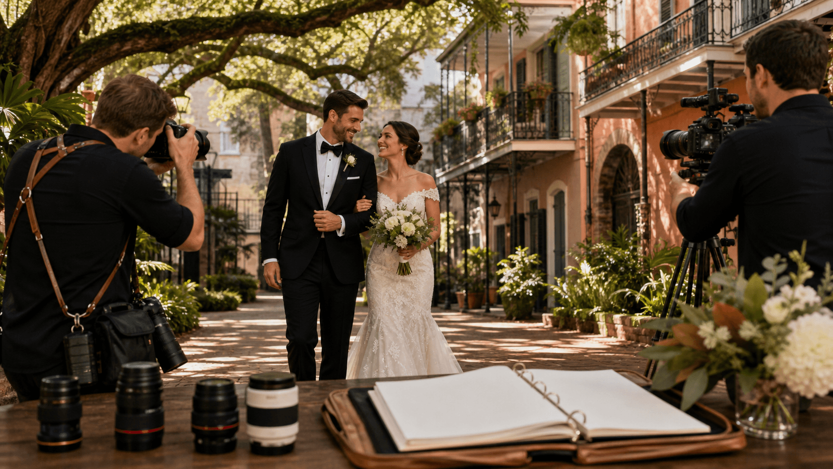 Elegant New Orleans courtyard wedding scene with warm string lights, white florals, and a couple beneath oak trees.