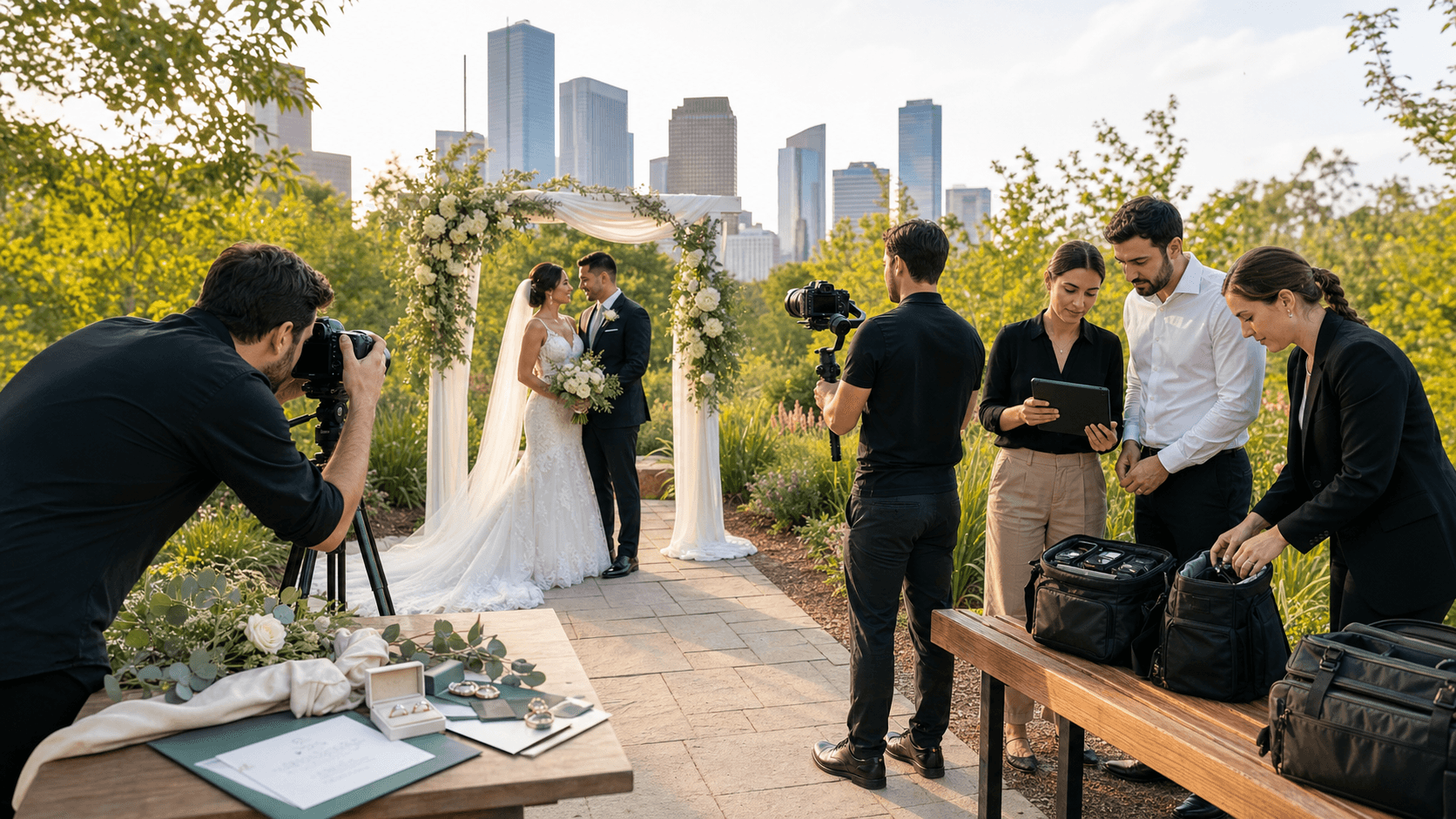 Sunlit outdoor wedding setup with white chairs on green lawn, floral arch, and camera crew filming near aisle