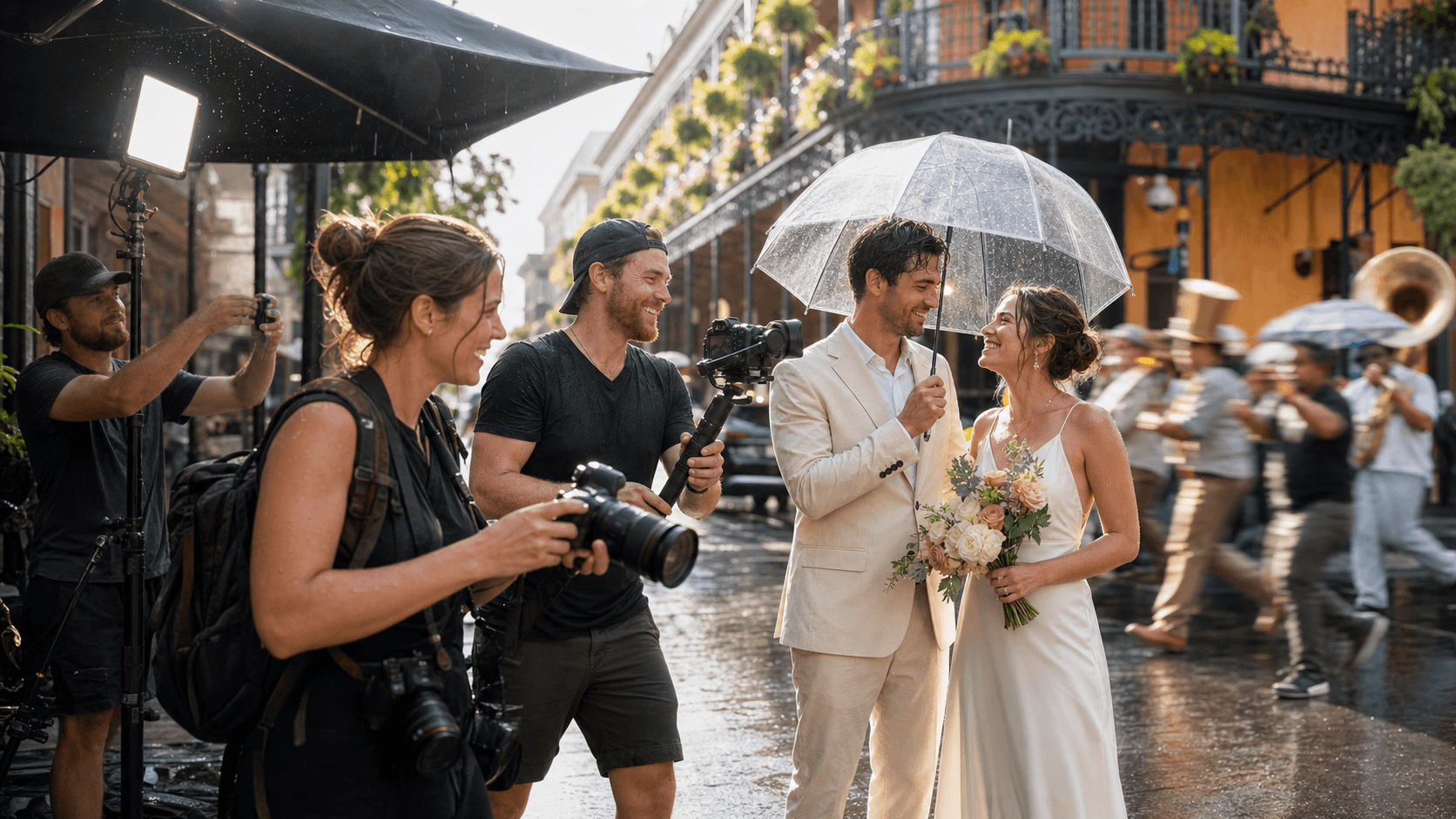 Bride and groom under a clear umbrella on a rainy New Orleans street, warm lights reflecting on wet pavement