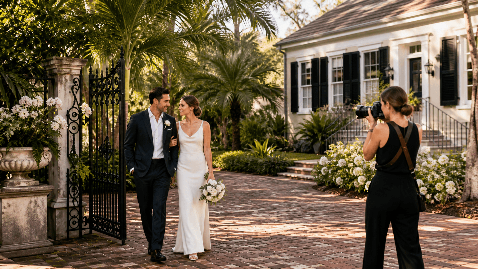Elegant couple in ivory attire walking beneath moss-draped oak trees in soft golden evening light.