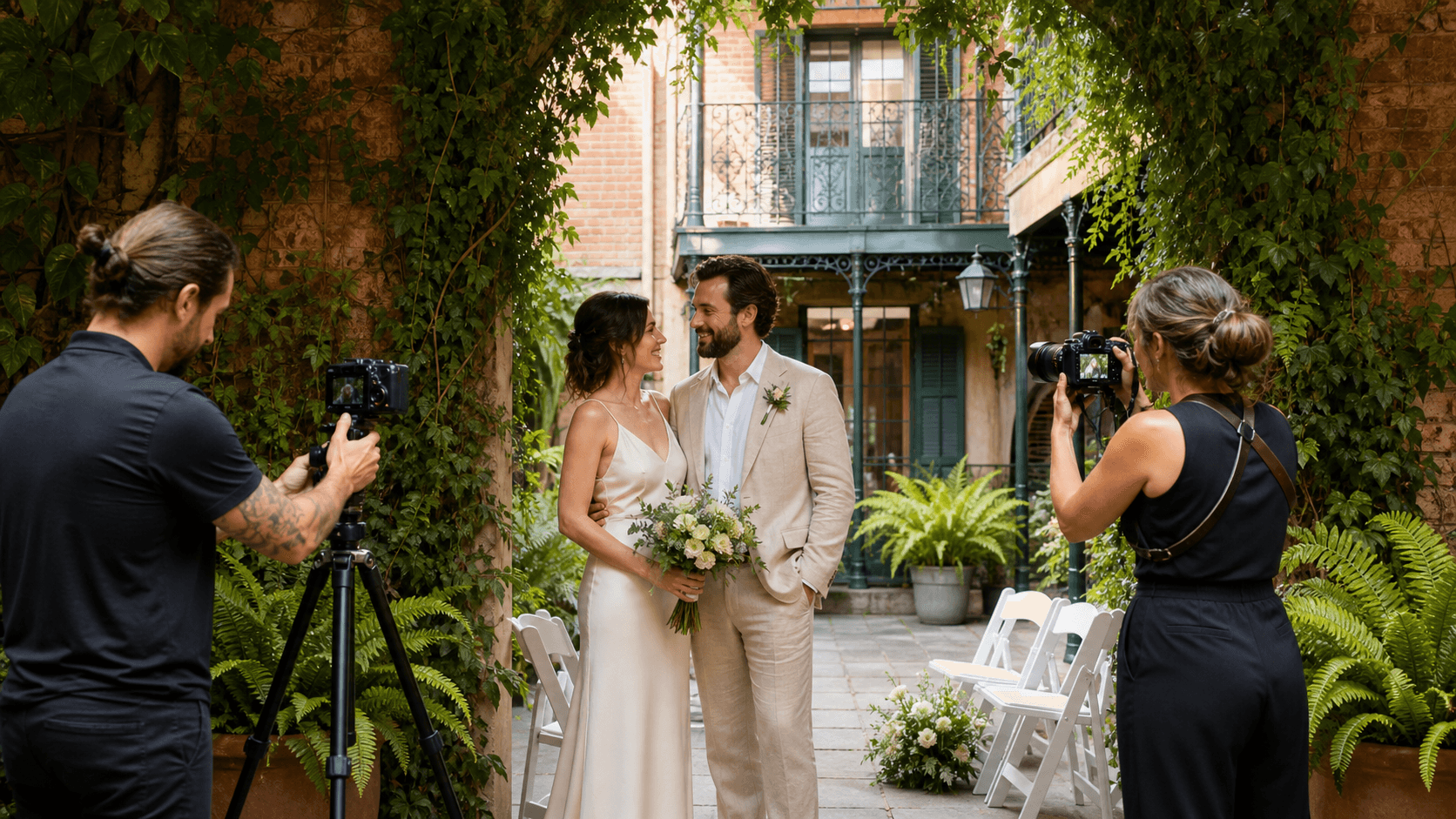 Sunlit New Orleans courtyard with brick walls, wrought-iron balconies, and lush greenery surrounding a small wedding setup