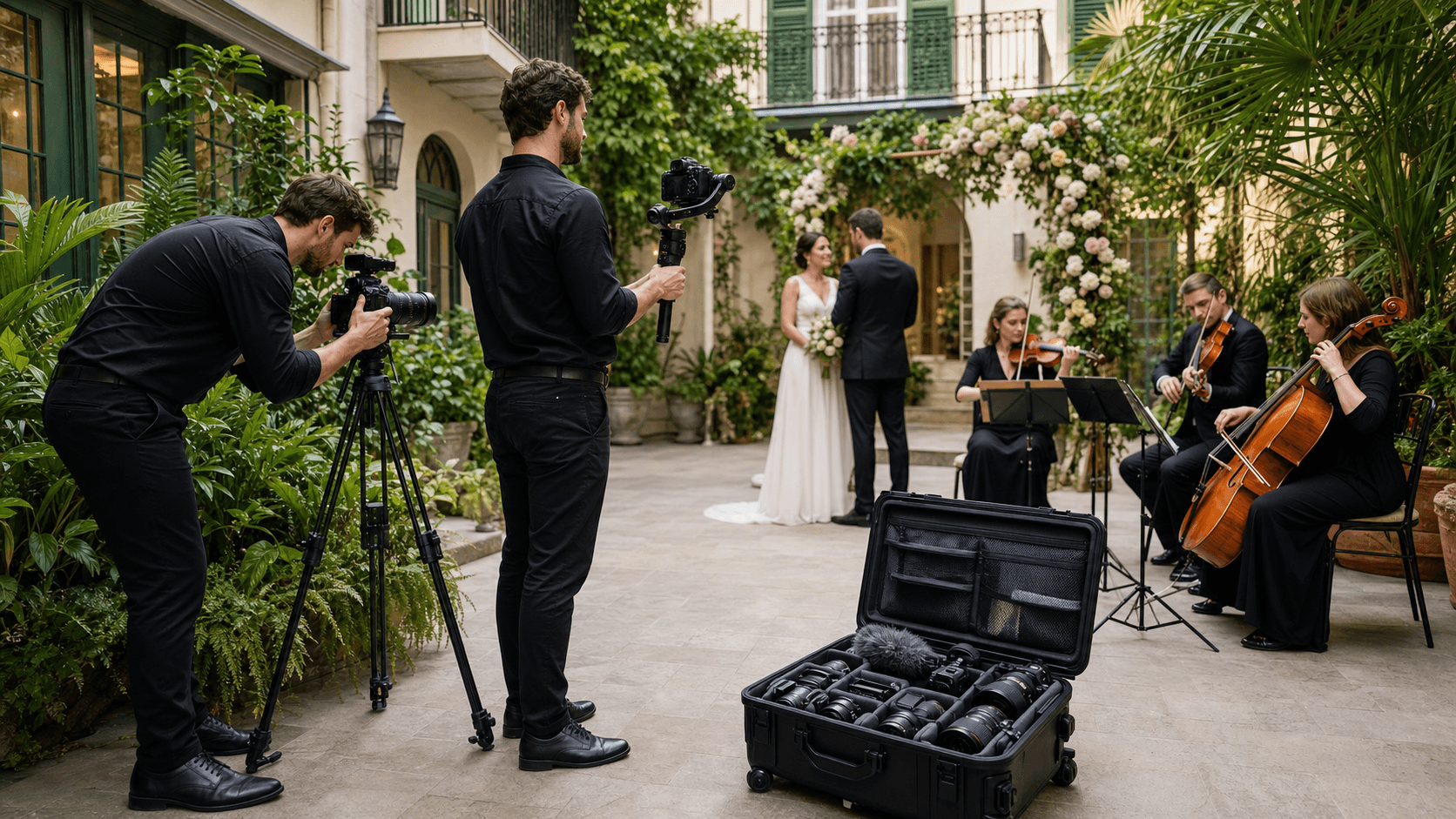 Bride and groom pose under warm string lights in a small courtyard, holding a bouquet amid lush greenery.