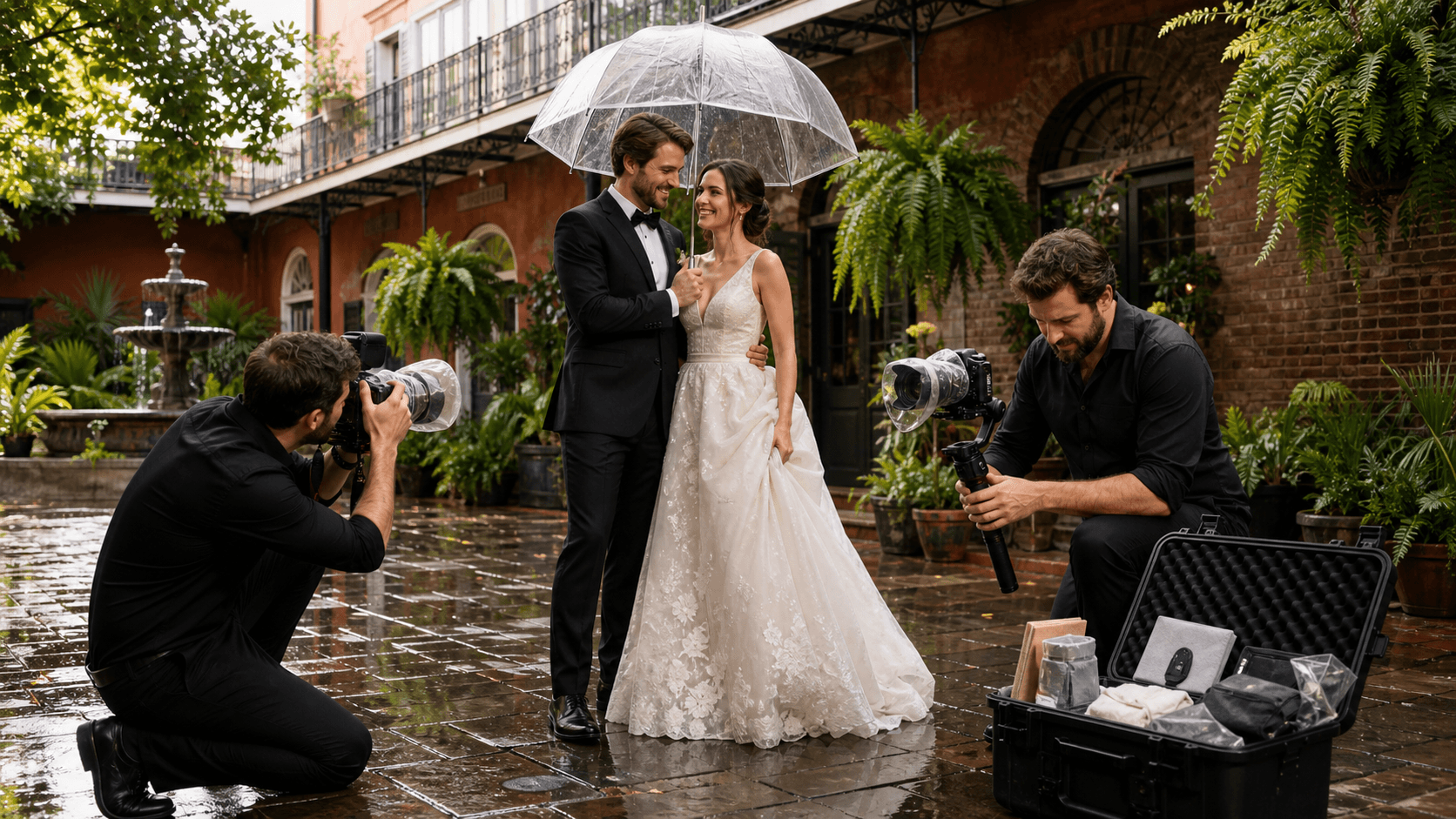 Bride and groom under a clear umbrella on a rainy street, warm golden lights reflecting on wet pavement