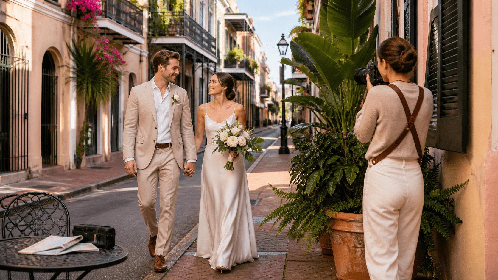 Couple in wedding attire walks a sunlit French Quarter street lined with iron balconies and pastel buildings.