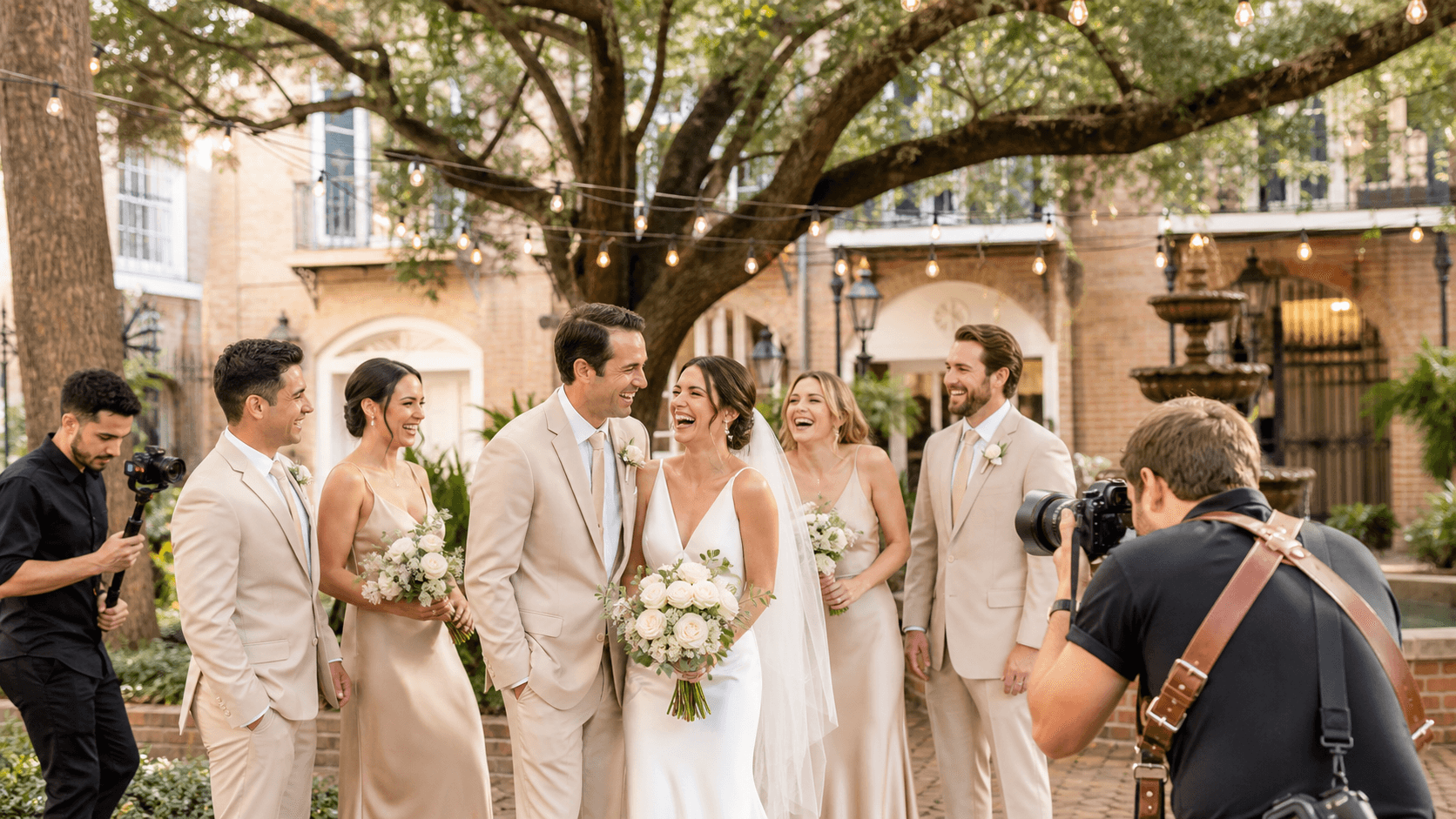 Elegant New Orleans courtyard wedding setup with white chairs, lush greenery, and warm string lights at dusk